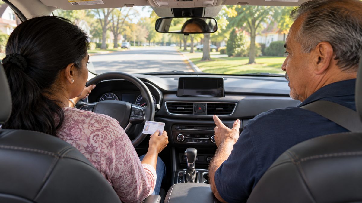 Adult student holding her learner permit during a lesson
