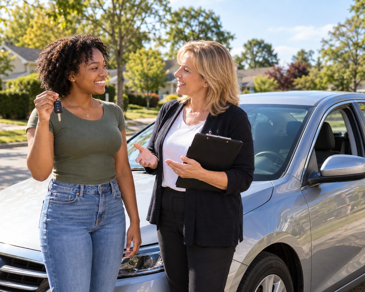 New driver holding her car keys beside her instructor