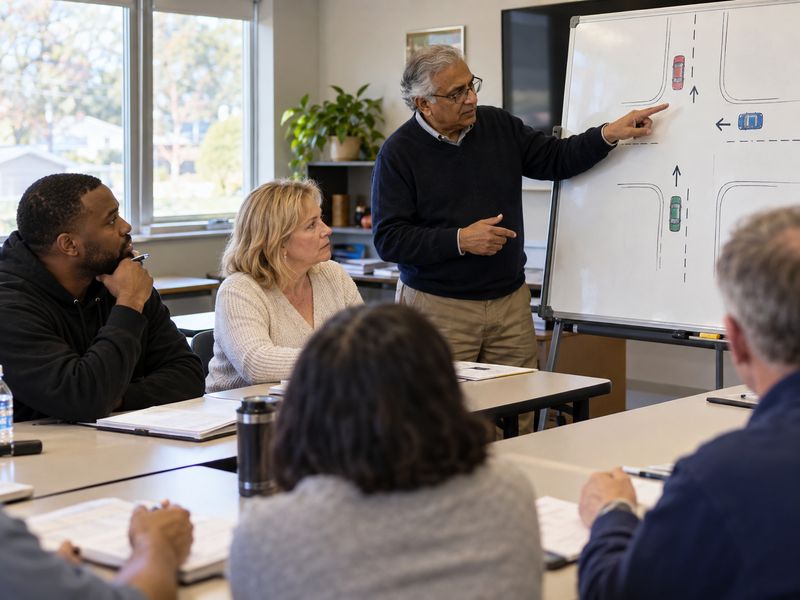 Instructor leading a defensive driving class for adults