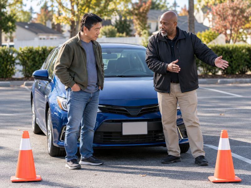 Instructor discussing maneuvers with an adult student beside the car