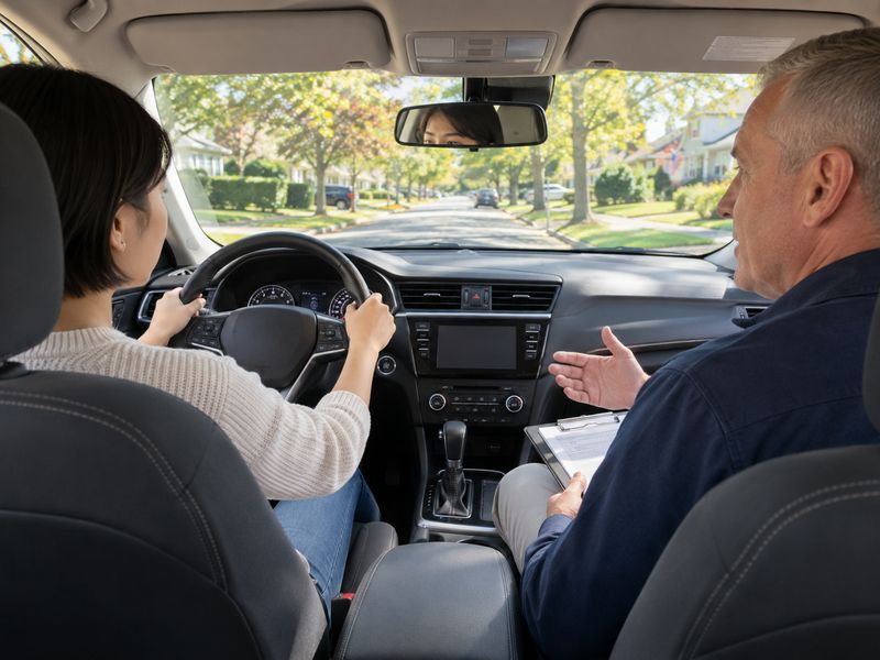 Instructor coaching a student driver on a residential street