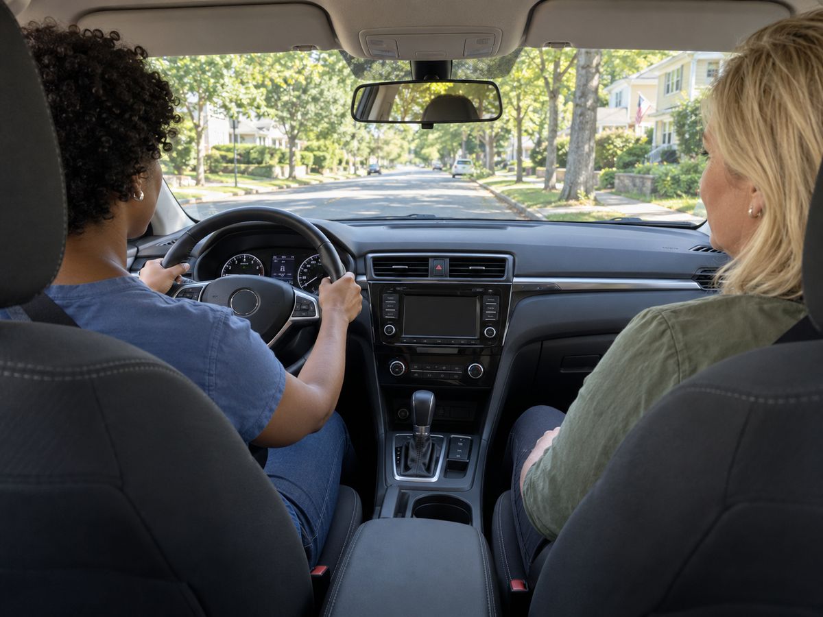 Adult student driving with her instructor on a tree-lined street